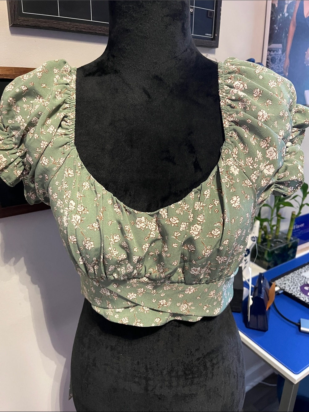 Altar'd State Sage Green Floral Puff-Sleeve Crop Top